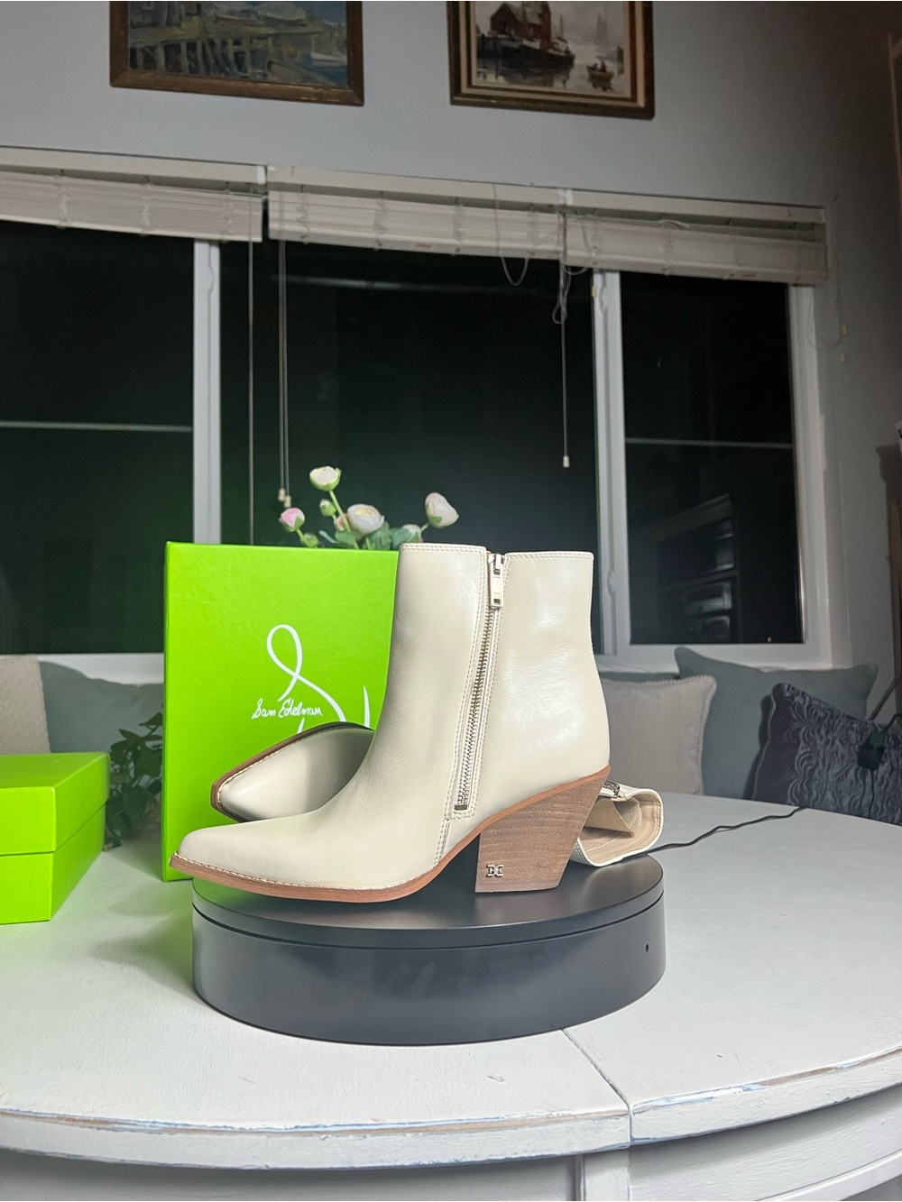 Sam Edelman Cream Leather Western Ankle Booties with Stacked Heel